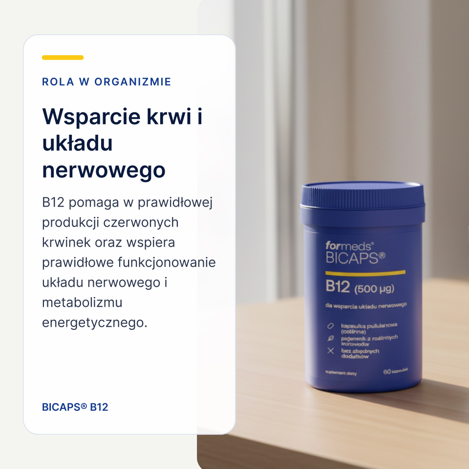 Karta o roli witaminy B12, słoik Bicaps B12 obok czerwonej formy